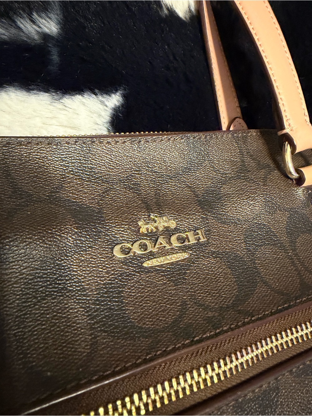 COACH Brown Signature Canvas Shoulder Bag with Pink Leather Handles